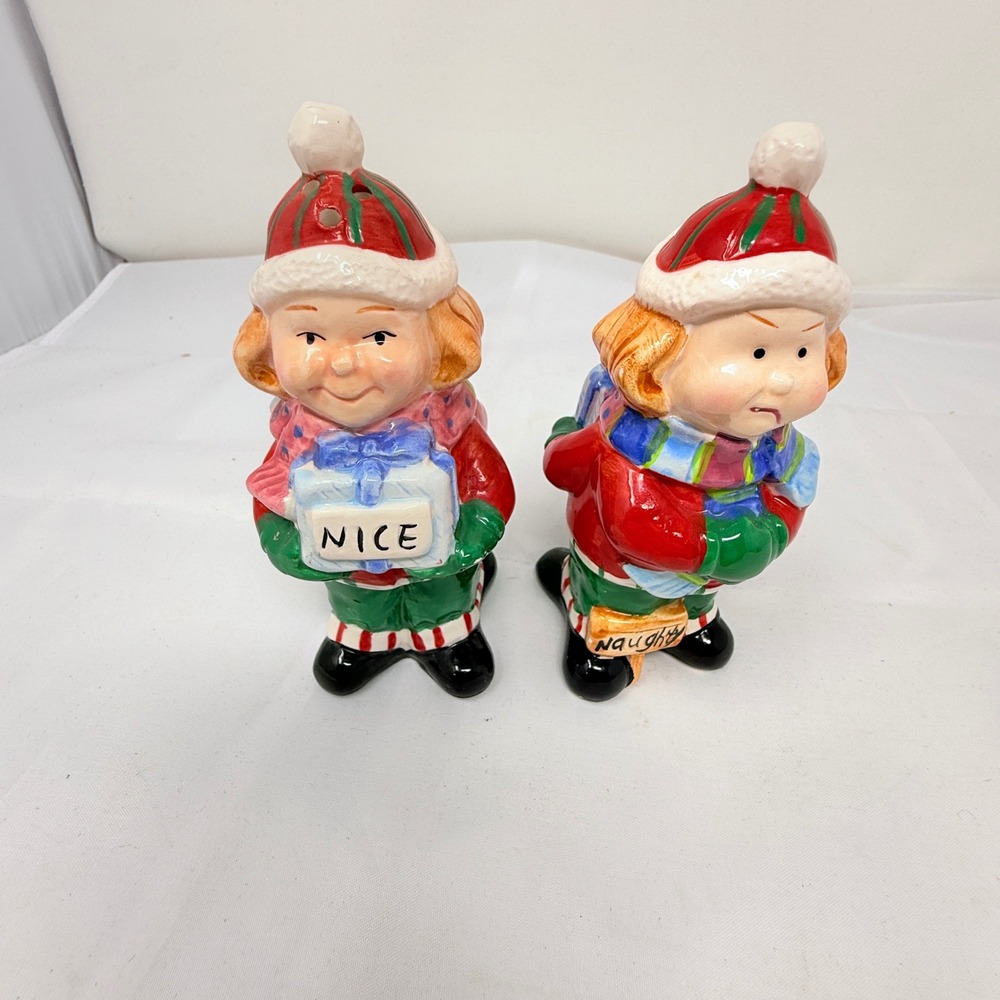 Vintage Style Christmas Naughty and Nice Ceramic Salt and Pepper Shaker Set